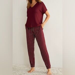 Simons’ Miiyu soft striped joggers, Large, burgundy, white, Loungewear Comfy